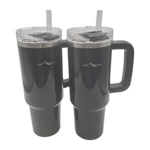 Two 40oz Black Insulated Stainless Steel Tumblers Straw Screw-on Lid Handle